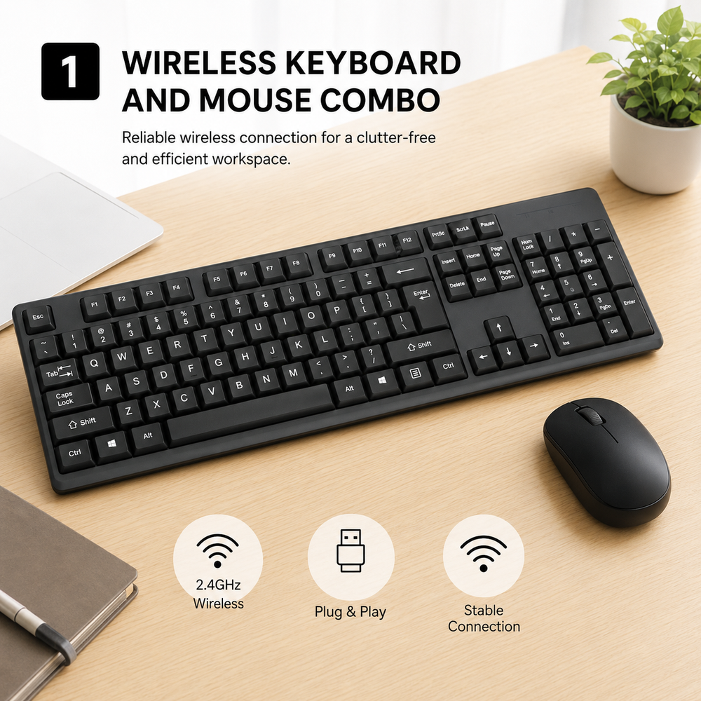 A 2.4G USB keyboard and mouse set for laptops and gaming PCs. It includes a 104-key keyboard and wireless mouse.