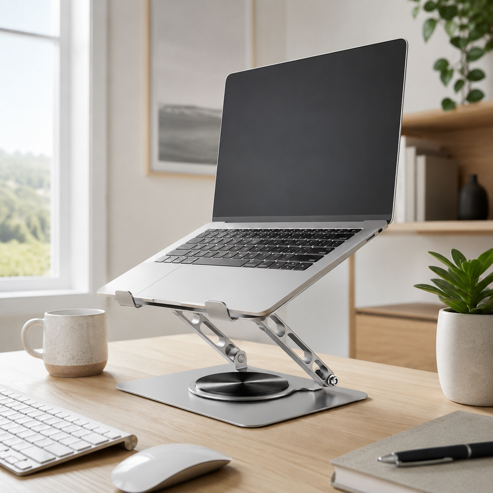 This laptop stand for your desk is adjustable and features a 360° rotating base.  It’s an ergonomic laptop riser perfect for collaborative work and is foldable for easy storage.