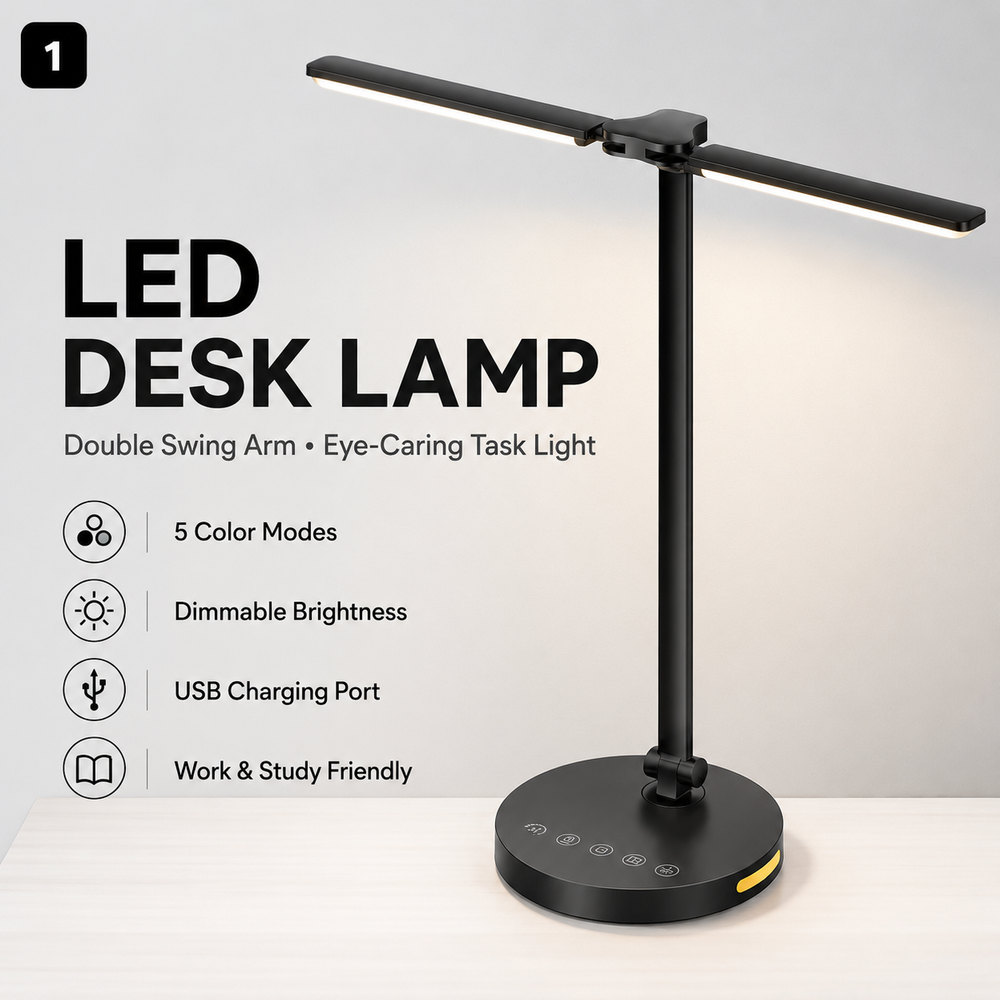 LED Desk Lamps Home Office Bright Double Swing Arm LED Desk Lamp with USB Charging Port Eye-Caring Task Lamp for Work Study